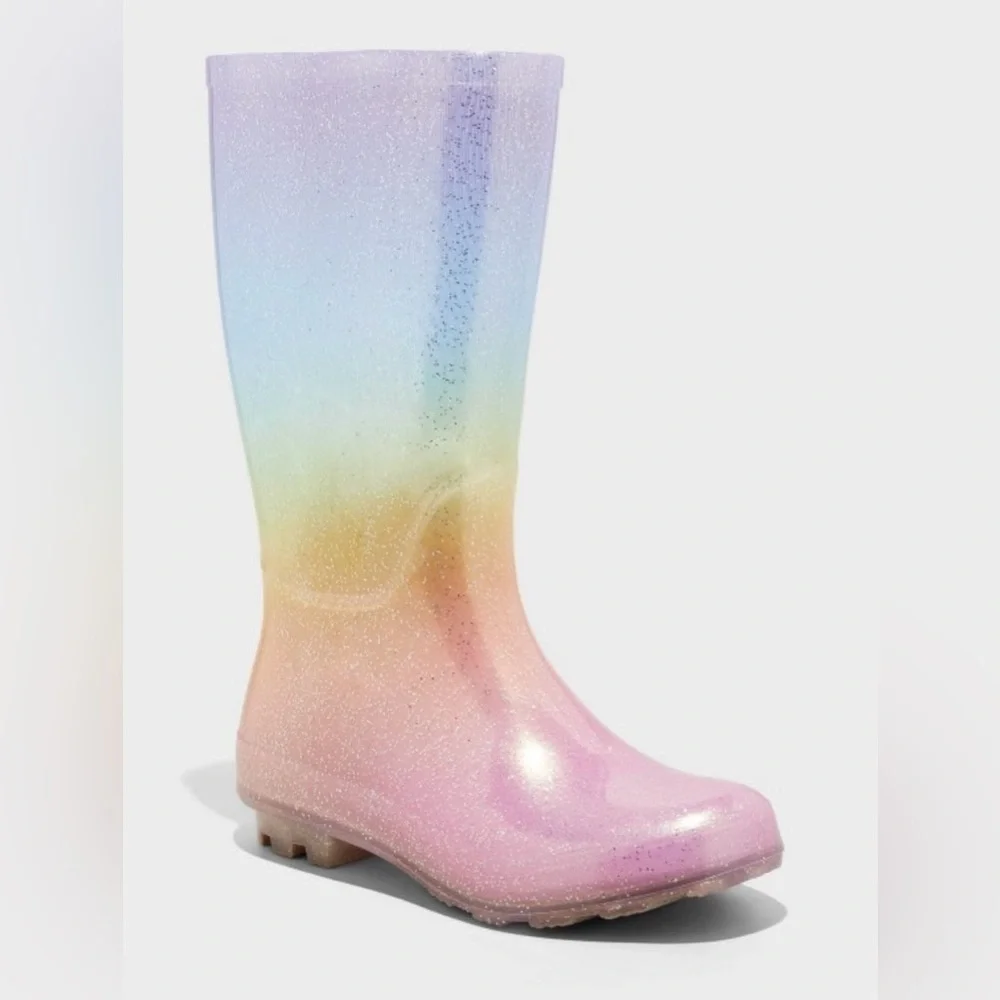 Cat & Jack Cece RainBoots Kids Pastel Rainbow Glitter Pull-On Boots Size 2 NEW